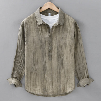 Buddha Stones Solid Long Sleeve Stand Collar Wrinkles Half Button Ramie Linen Men's Shirts