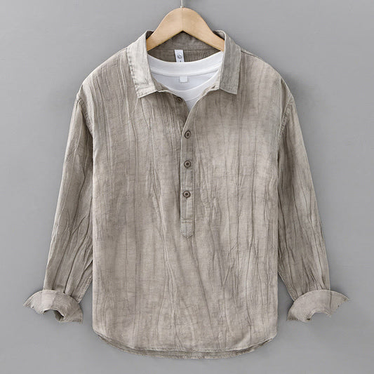 Buddha Stones Solid Long Sleeve Stand Collar Wrinkles Half Button Ramie Linen Men's Shirts