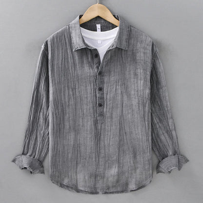 Buddha Stones Solid Long Sleeve Stand Collar Wrinkles Half Button Ramie Linen Men's Shirts