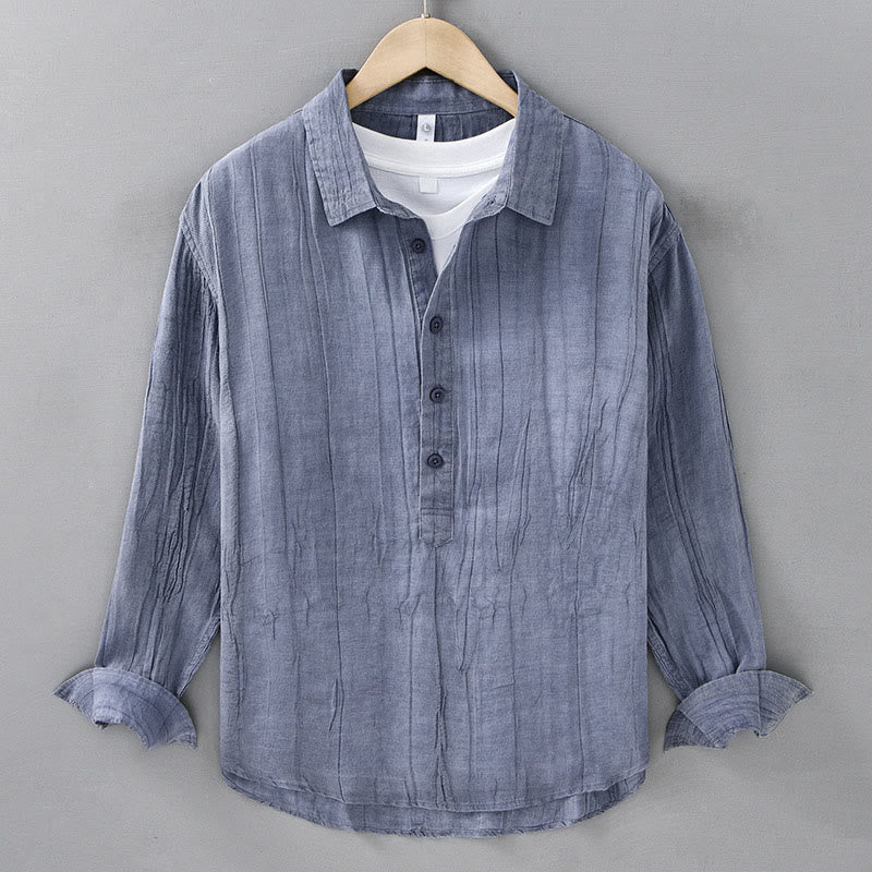 Buddha Stones Solid Long Sleeve Stand Collar Wrinkles Half Button Ramie Linen Men's Shirts