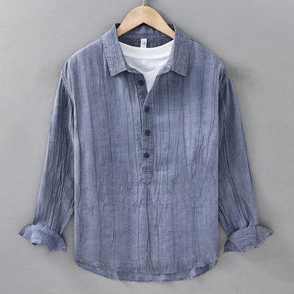 Buddha Stones Solid Long Sleeve Stand Collar Wrinkles Half Button Ramie Linen Men's Shirts