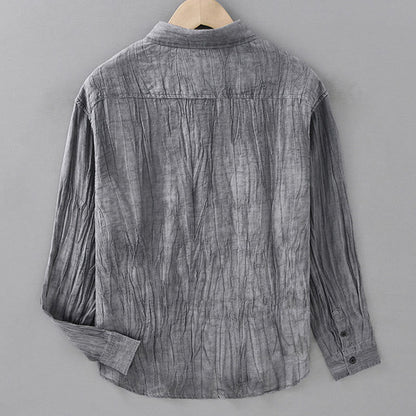 Buddha Stones Solid Long Sleeve Stand Collar Wrinkles Half Button Ramie Linen Men's Shirts