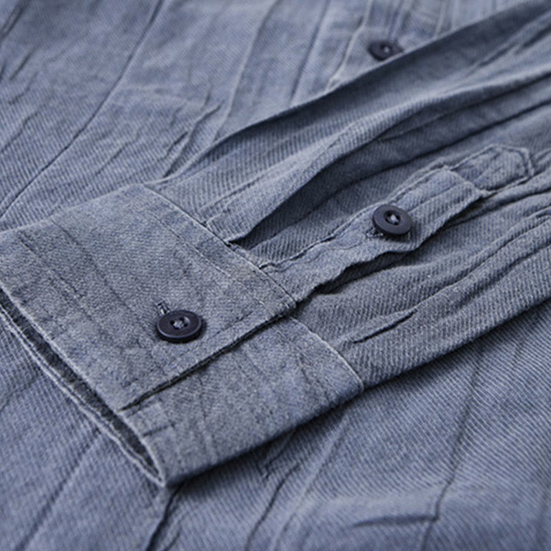 Buddha Stones Solid Long Sleeve Stand Collar Wrinkles Half Button Ramie Linen Men's Shirts