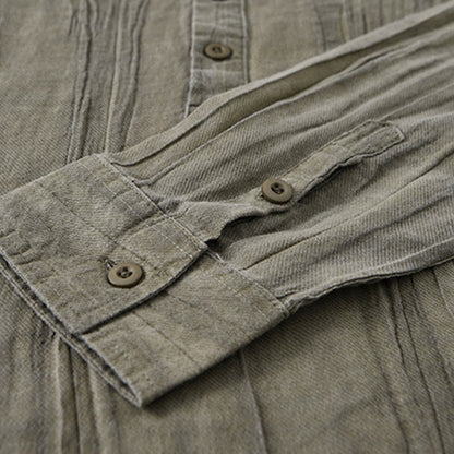 Buddha Stones Solid Long Sleeve Stand Collar Wrinkles Half Button Ramie Linen Men's Shirts