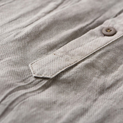 Buddha Stones Solid Long Sleeve Stand Collar Wrinkles Half Button Ramie Linen Men's Shirts