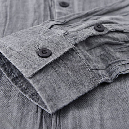 Buddha Stones Solid Long Sleeve Stand Collar Wrinkles Half Button Ramie Linen Men's Shirts