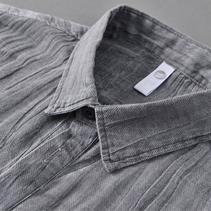 Buddha Stones Solid Long Sleeve Stand Collar Wrinkles Half Button Ramie Linen Men's Shirts