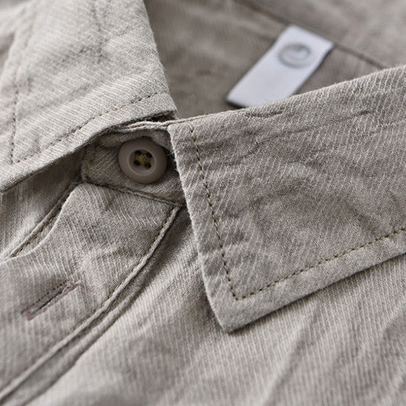 Buddha Stones Solid Long Sleeve Stand Collar Wrinkles Half Button Ramie Linen Men's Shirts