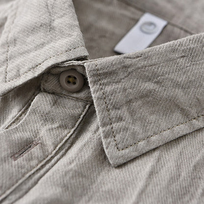 Buddha Stones Solid Long Sleeve Stand Collar Wrinkles Half Button Ramie Linen Men's Shirts