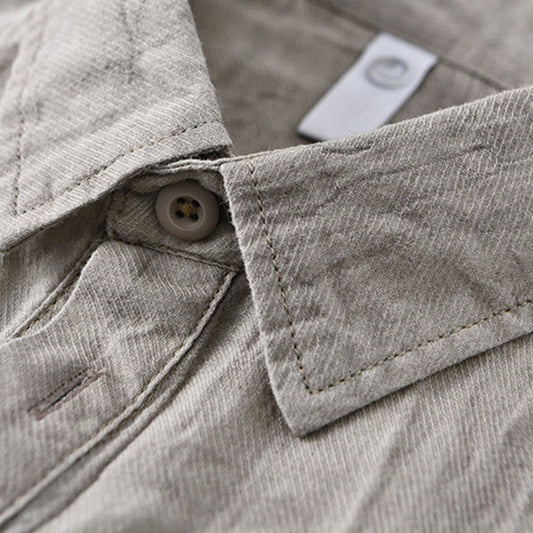 Buddha Stones Solid Long Sleeve Stand Collar Wrinkles Half Button Ramie Linen Men's Shirts