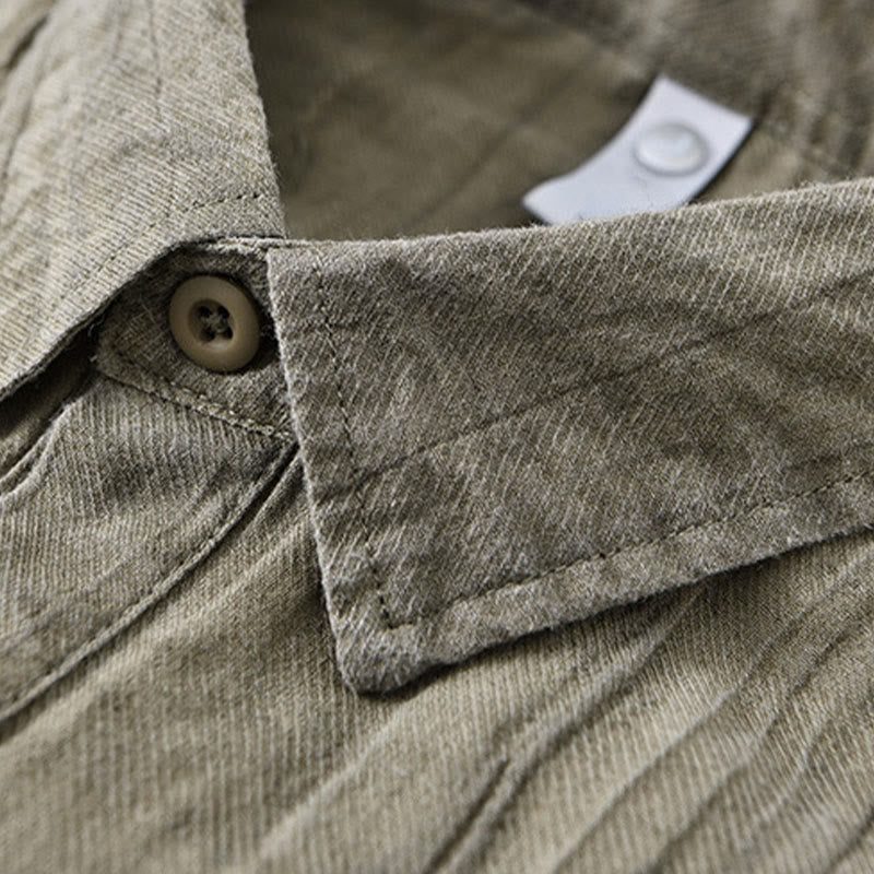 Buddha Stones Solid Long Sleeve Stand Collar Wrinkles Half Button Ramie Linen Men's Shirts