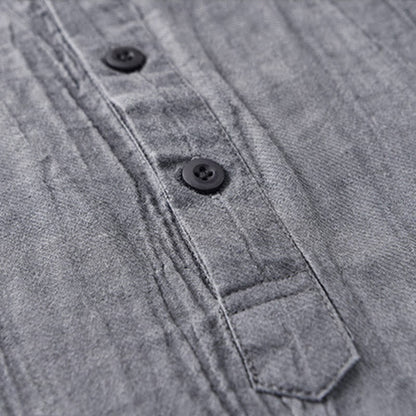 Buddha Stones Solid Long Sleeve Stand Collar Wrinkles Half Button Ramie Linen Men's Shirts