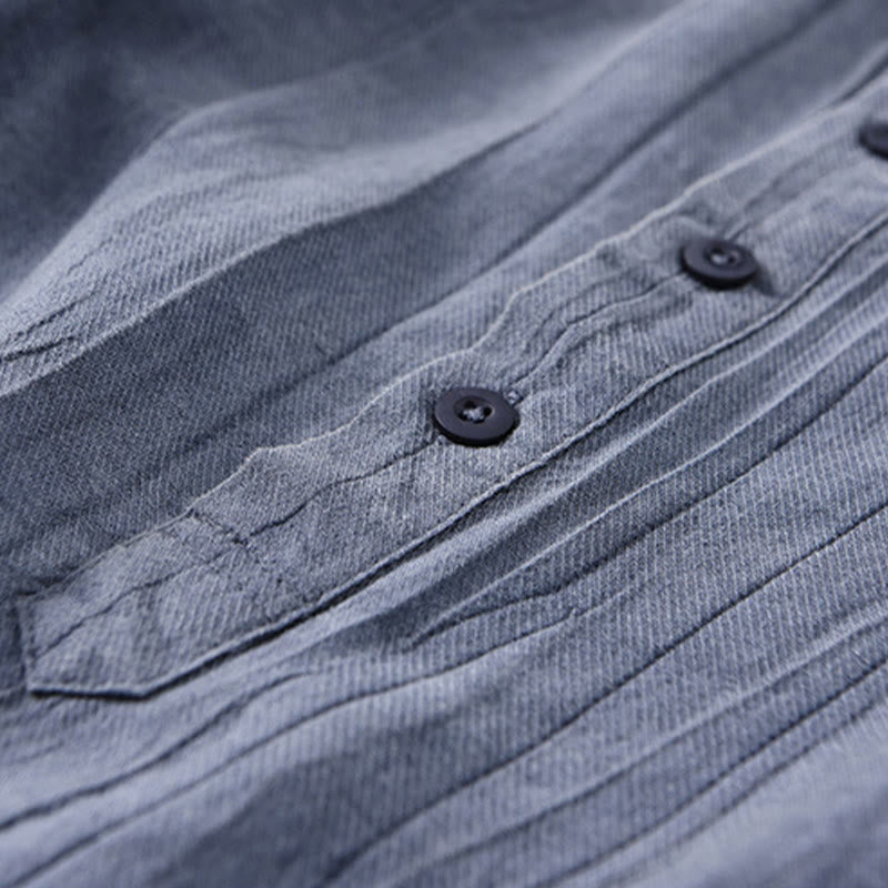 Buddha Stones Solid Long Sleeve Stand Collar Wrinkles Half Button Ramie Linen Men's Shirts