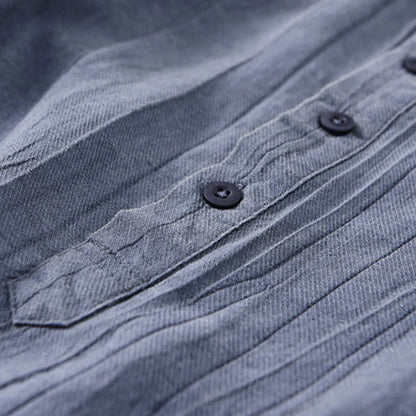 Buddha Stones Solid Long Sleeve Stand Collar Wrinkles Half Button Ramie Linen Men's Shirts