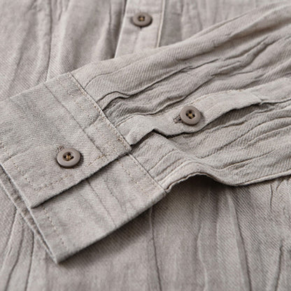 Buddha Stones Solid Long Sleeve Stand Collar Wrinkles Half Button Ramie Linen Men's Shirts