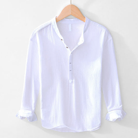 Buddha Stones Spring Fall Solid Long Sleeve Half Button Cotton Men's Shirts