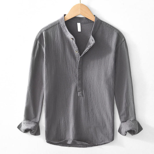 Buddha Stones Spring Fall Solid Long Sleeve Half Button Cotton Men's Shirts