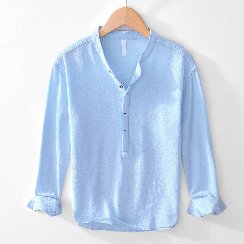 Buddha Stones Spring Fall Solid Long Sleeve Half Button Cotton Men's Shirts