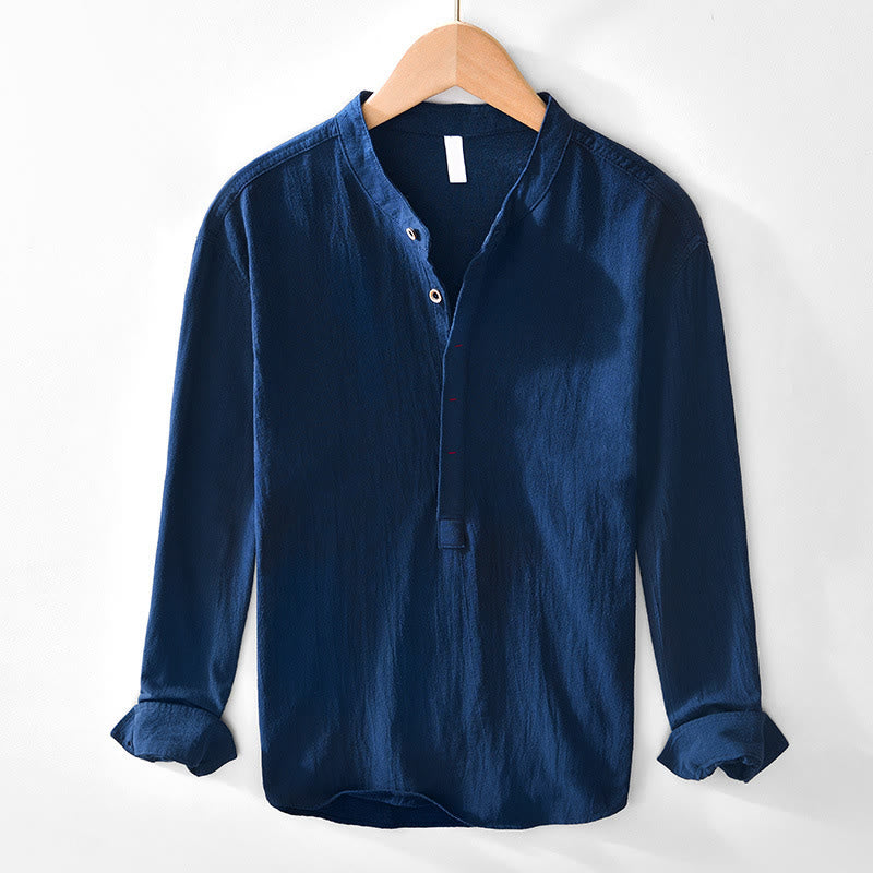 Buddha Stones Spring Fall Solid Long Sleeve Half Button Cotton Men's Shirts