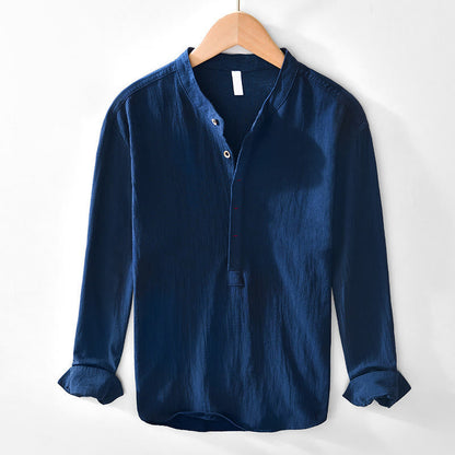 Buddha Stones Spring Fall Solid Long Sleeve Half Button Cotton Men's Shirts