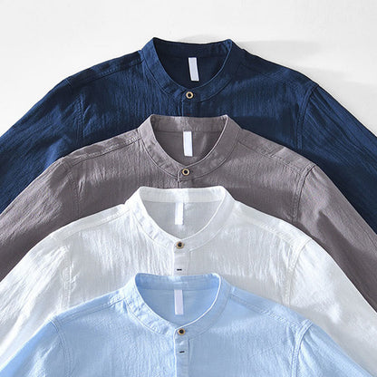 Buddha Stones Spring Fall Solid Long Sleeve Half Button Cotton Men's Shirts