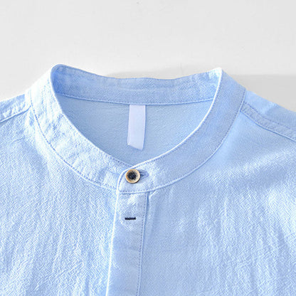Buddha Stones Spring Fall Solid Long Sleeve Half Button Cotton Men's Shirts
