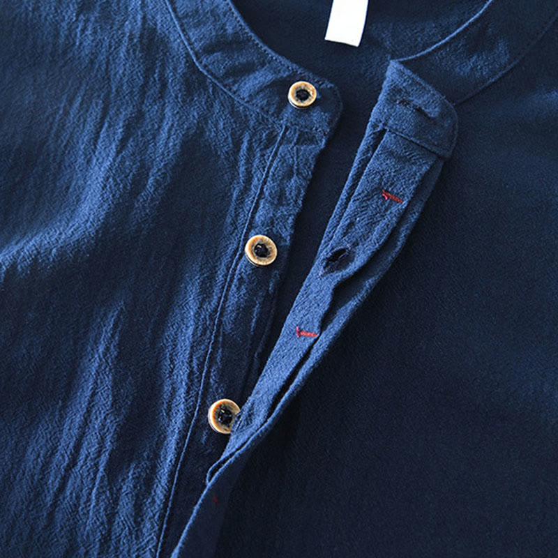 Buddha Stones Spring Fall Solid Long Sleeve Half Button Cotton Men's Shirts