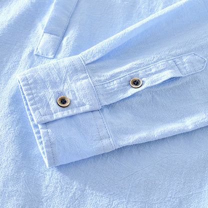 Buddha Stones Spring Fall Solid Long Sleeve Half Button Cotton Men's Shirts