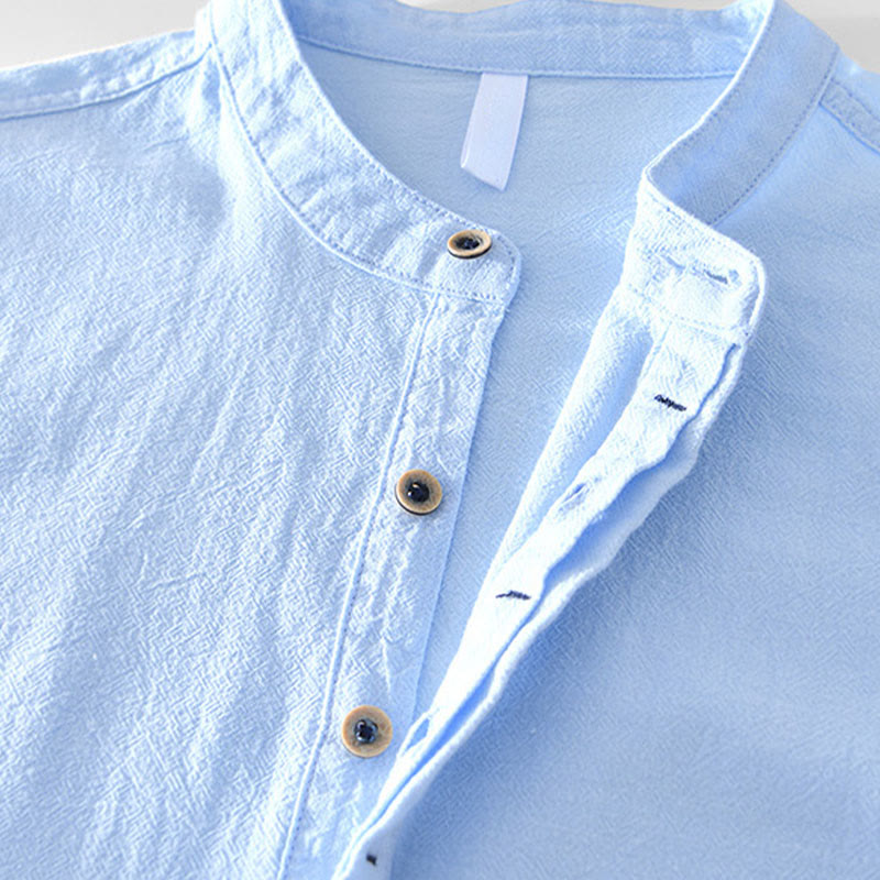 Buddha Stones Spring Fall Solid Long Sleeve Half Button Cotton Men's Shirts