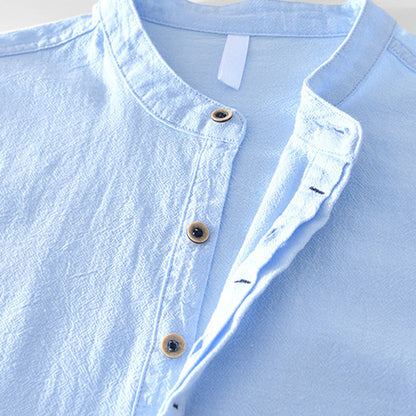 Buddha Stones Spring Fall Solid Long Sleeve Half Button Cotton Men's Shirts
