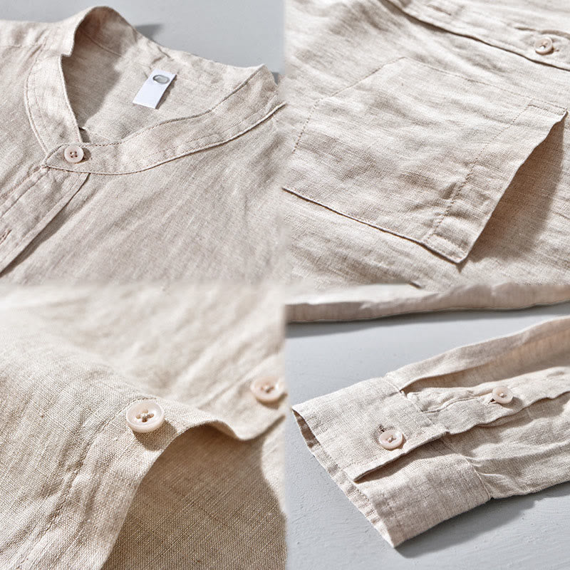 Buddha Stones Simple Fall Long Sleeve Buttons Design Linen Men's Shirts