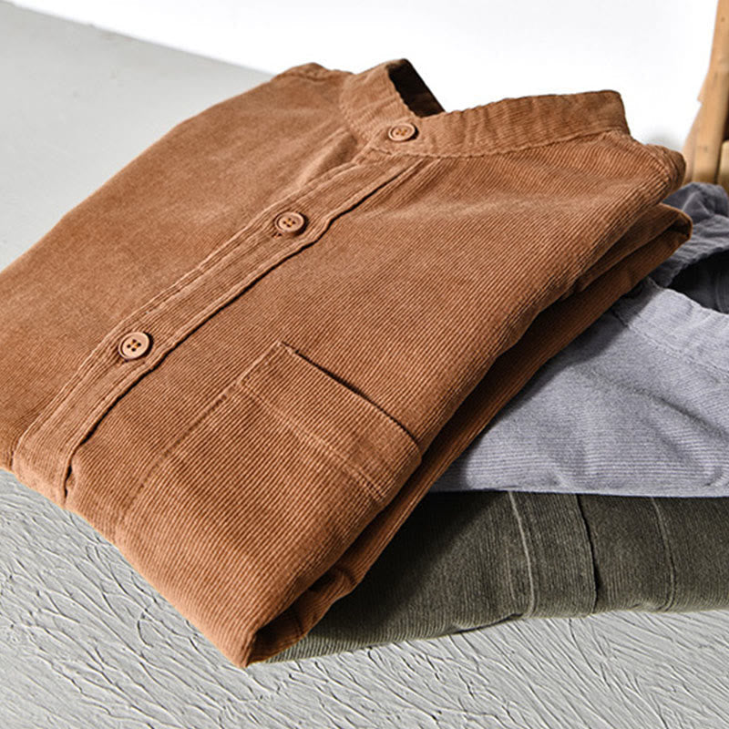 Buddha Stones Plain Button Down Cotton Corduroy Men's Long Sleeve Jacket