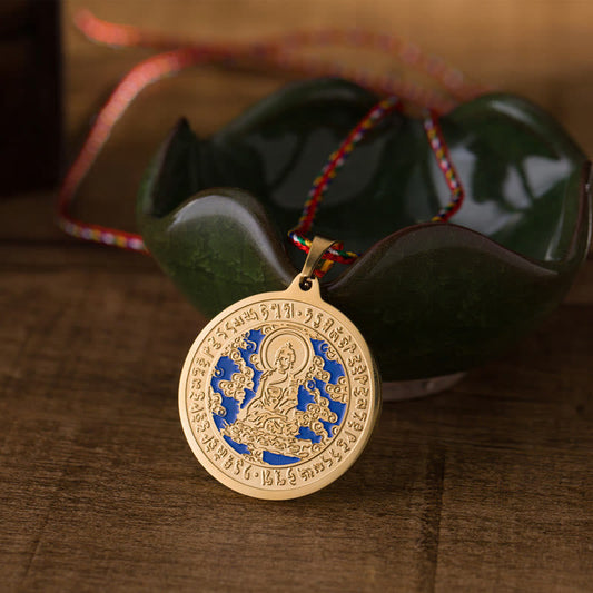 Buddha Stones Blue Medicine Buddha Heart Mantra Titanium Steel Faith Colored Rope Necklace Pendant