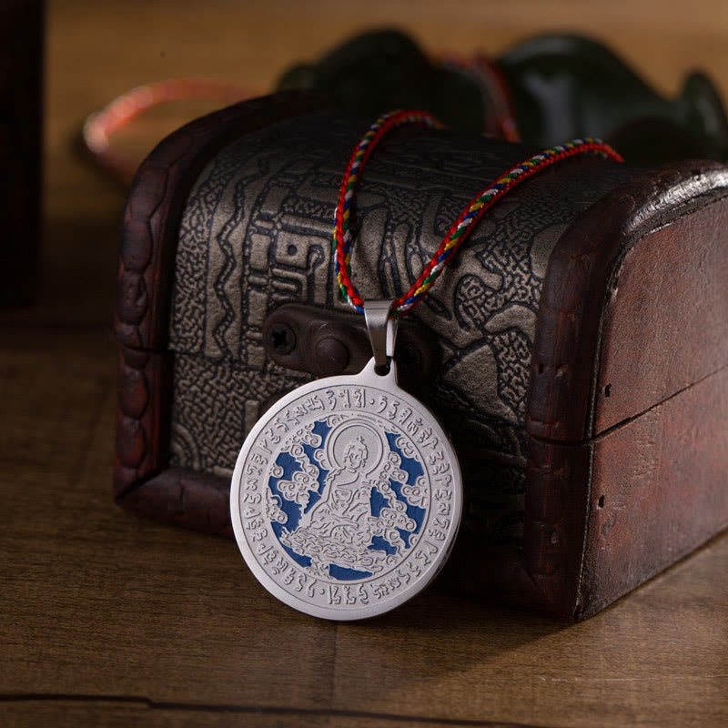 Buddha Stones Blue Medicine Buddha Heart Mantra Titanium Steel Faith Colored Rope Necklace Pendant