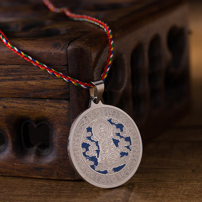 Buddha Stones Blue Medicine Buddha Heart Mantra Titanium Steel Faith Colored Rope Necklace Pendant