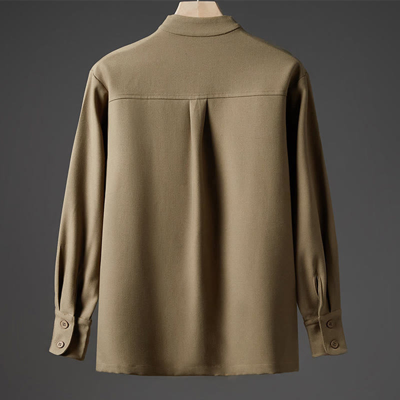 Buddha Stones Solid Fall Long Sleeve Hidden Half Button Design Men's Shirts