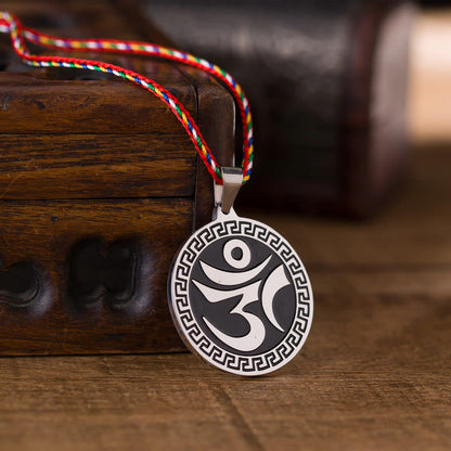 Buddha Stones Om Hum Sanskrit Titanium Steel Luck Colored Rope Necklace Pendant