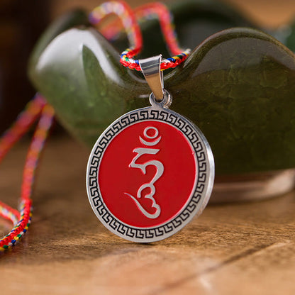 Buddha Stones Om Hum Sanskrit Titanium Steel Luck Colored Rope Necklace Pendant