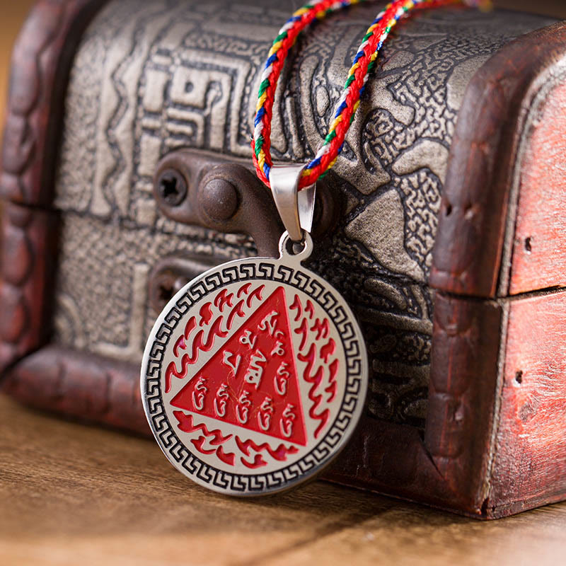 Buddha Stones Om Hum Sanskrit Titanium Steel Luck Colored Rope Necklace Pendant