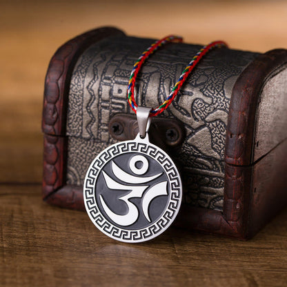 Buddha Stones Om Hum Sanskrit Titanium Steel Luck Colored Rope Necklace Pendant