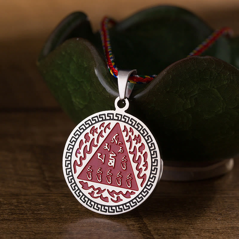 Buddha Stones Om Hum Sanskrit Titanium Steel Luck Colored Rope Necklace Pendant