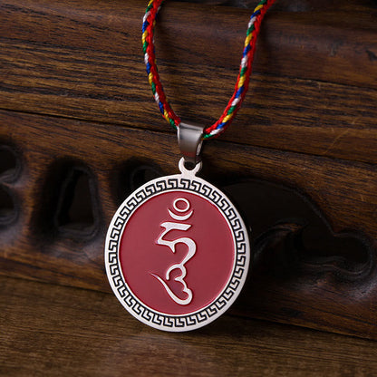 Buddha Stones Om Hum Sanskrit Titanium Steel Luck Colored Rope Necklace Pendant