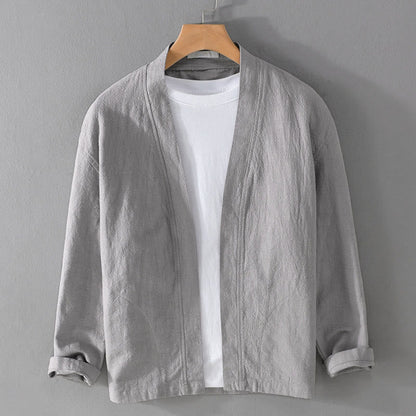 Buddha Stones Simple Long Sleeve Open Front Ramie Cotton Men's Shirts With Pockets