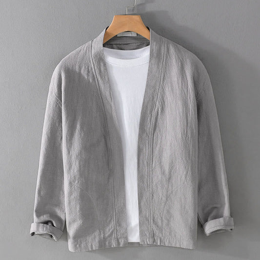 Buddha Stones Simple Long Sleeve Open Front Ramie Cotton Men's Shirts With Pockets