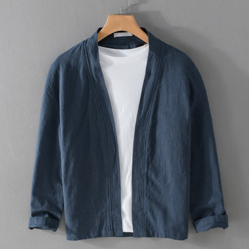 Buddha Stones Simple Long Sleeve Open Front Ramie Cotton Men's Shirts With Pockets