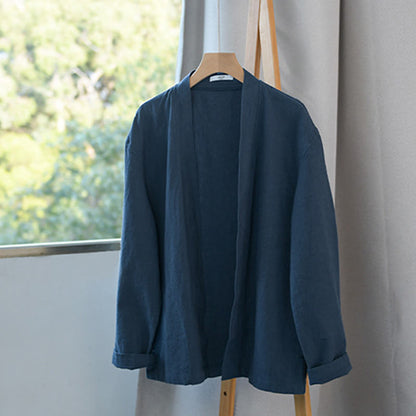 Buddha Stones Simple Long Sleeve Open Front Ramie Cotton Men's Shirts With Pockets