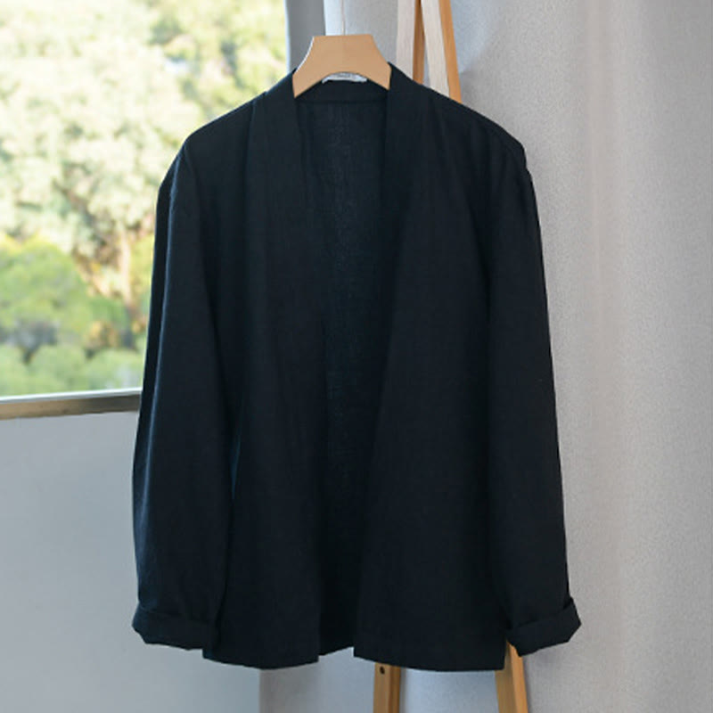 Buddha Stones Simple Long Sleeve Open Front Ramie Cotton Men's Shirts With Pockets
