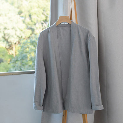 Buddha Stones Simple Long Sleeve Open Front Ramie Cotton Men's Shirts With Pockets