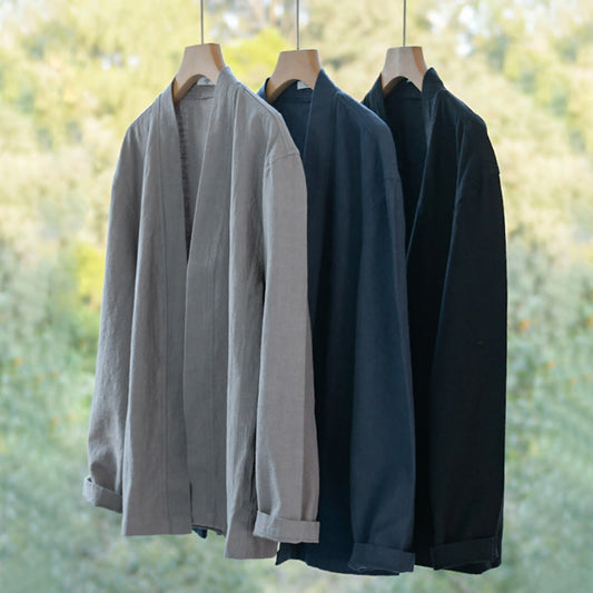 Buddha Stones Simple Long Sleeve Open Front Ramie Cotton Men's Shirts With Pockets
