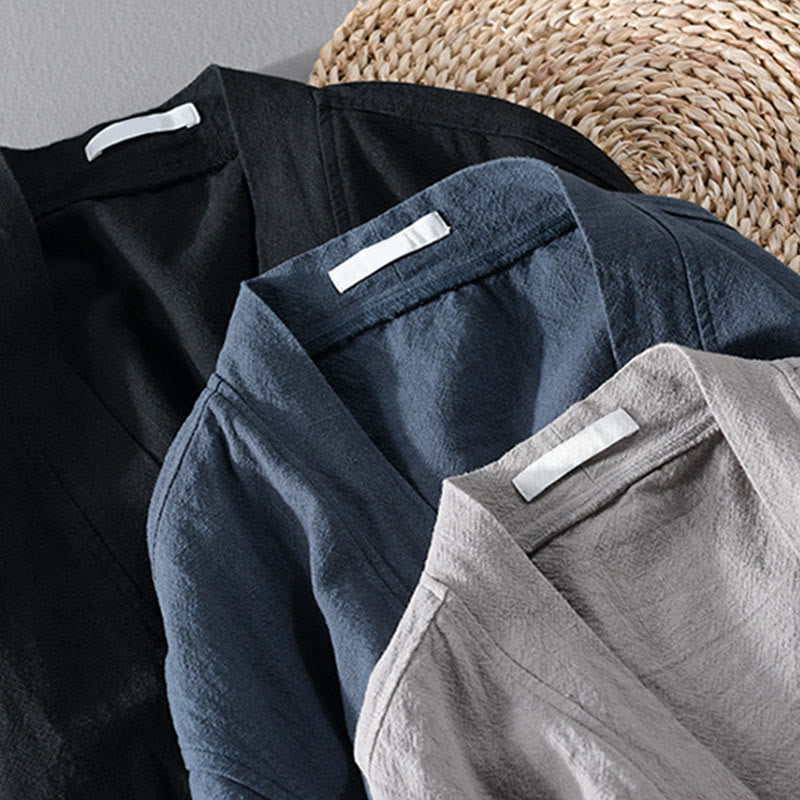 Buddha Stones Simple Long Sleeve Open Front Ramie Cotton Men's Shirts With Pockets